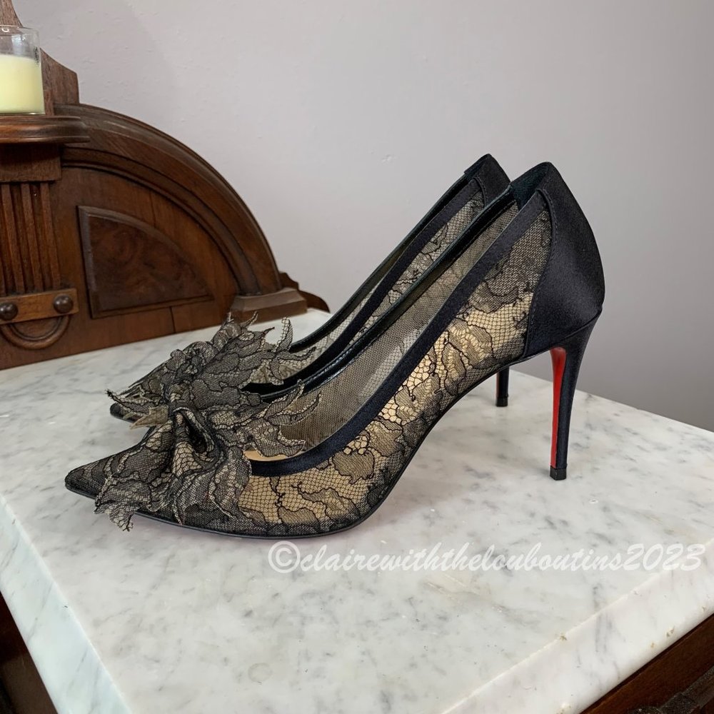 Louboutin Delicatissima 85 Black Guipure Lace & Satin Pumps size 36